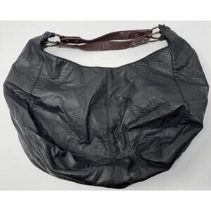 LuLu Black Faux Leather Hobo Shoulder Bag Purse Hand Bag with Brown Handles